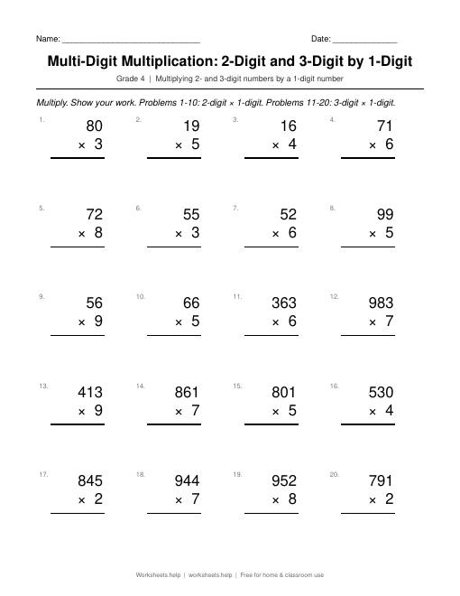 Preview of Multi-Digit Multiplication: 2-Digit and 3-Digit by 1-Digit worksheet