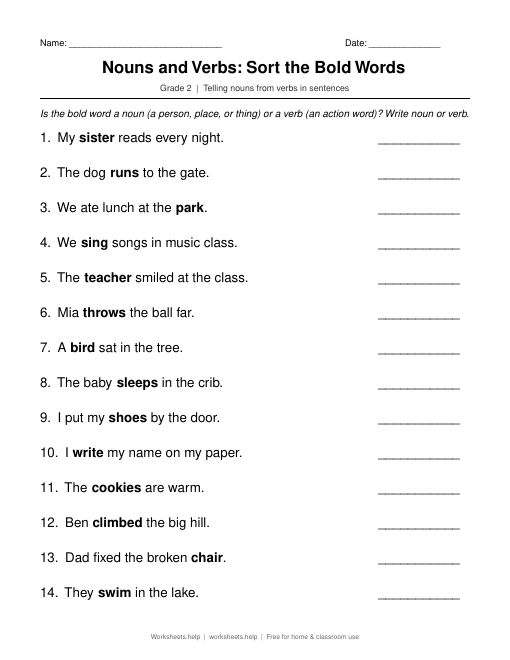 Preview of Nouns and Verbs: Sort the Bold Words worksheet