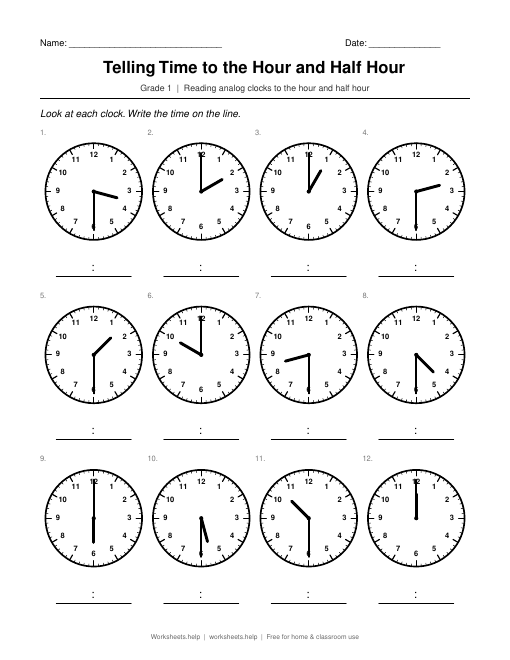 Preview of Telling Time to the Hour and Half Hour worksheet